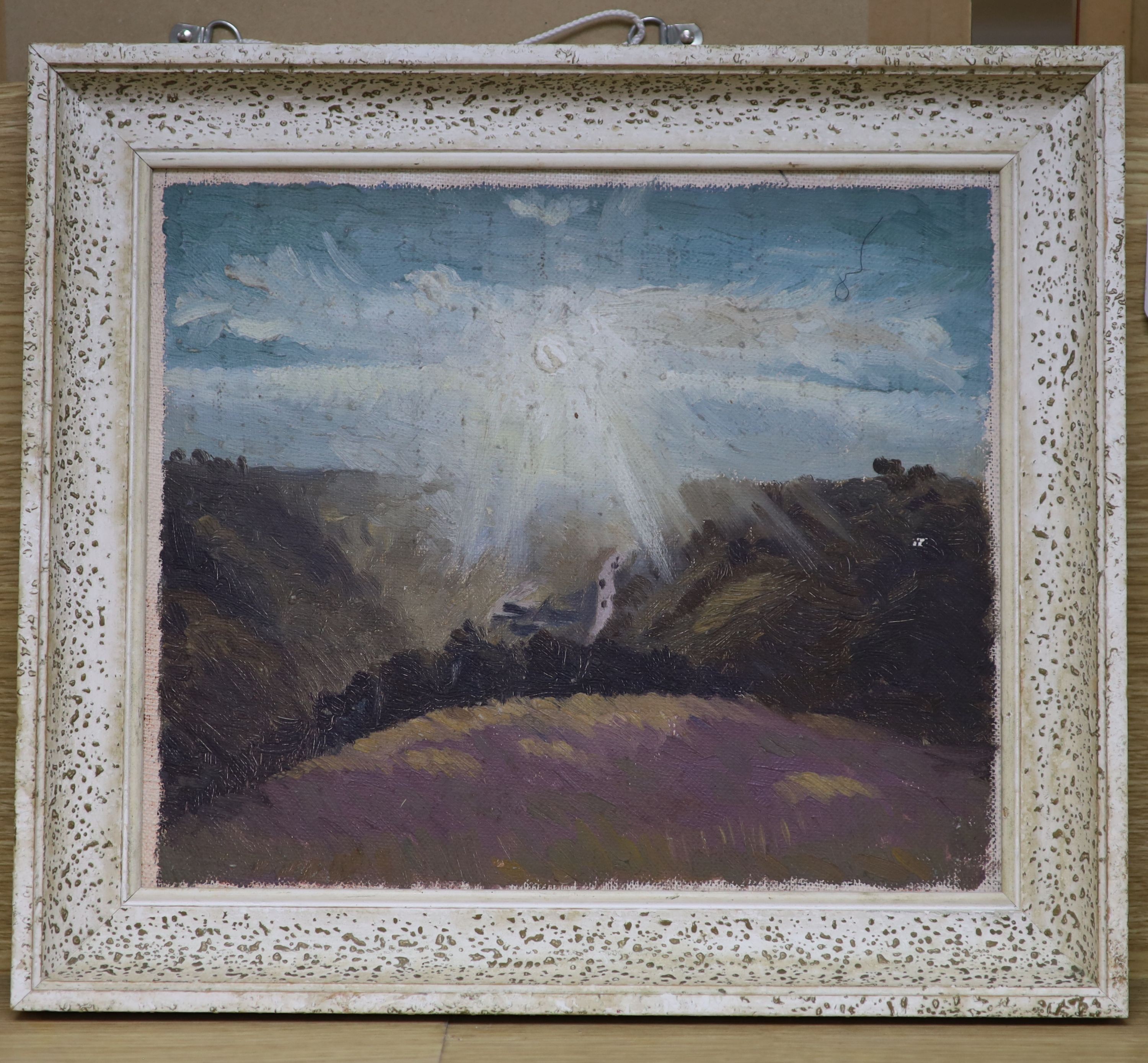 Charles Mahoney (1903-1968), oil on canvas, ‘One Place, 1930’, Liss Fine Art label verso, 26 x 31cm.